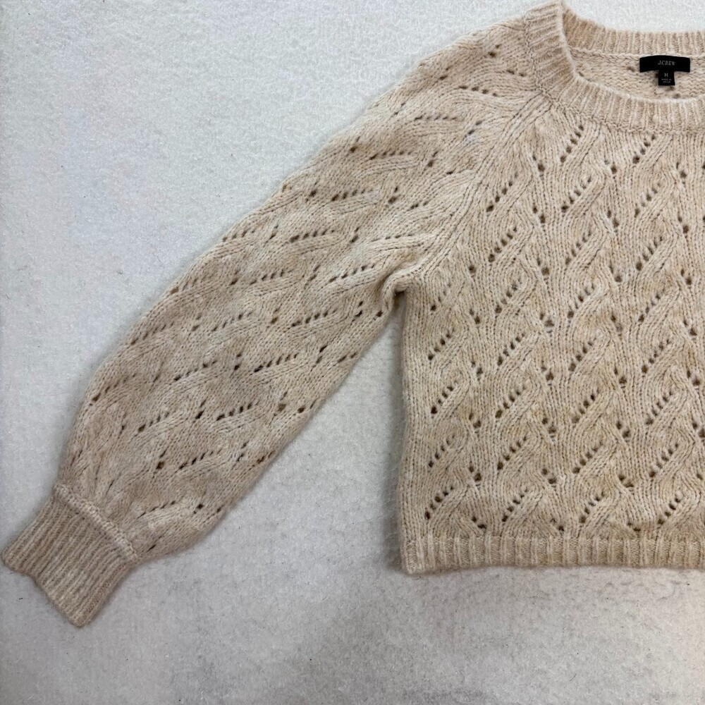 J.Crew Women's Pointelle Crewneck Knit Wool Blend Pullover Sweater Natural Sz M - Picture 3 of 7